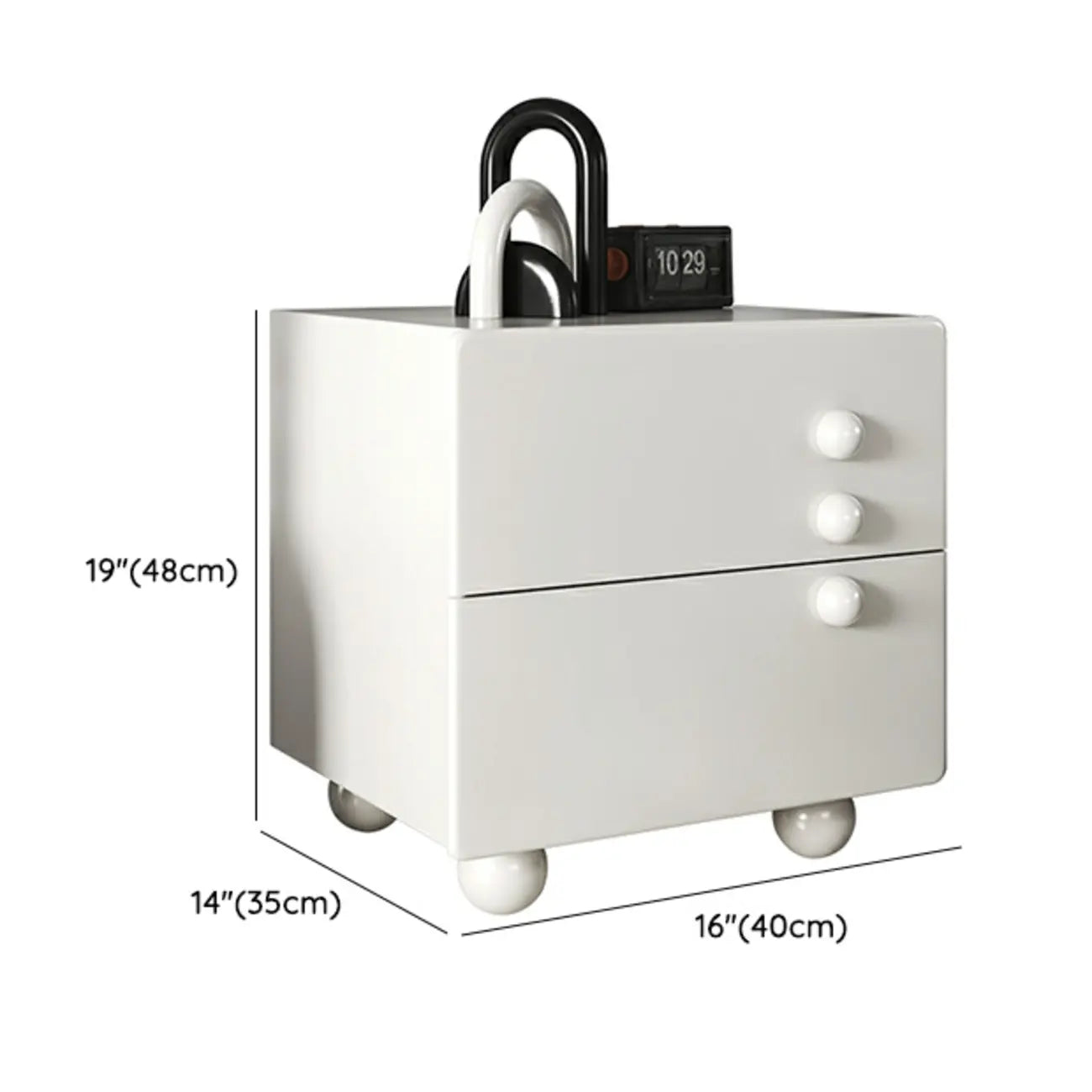 White Wood High-Gloss 2-Drawer Nightstand with Sphere Legs