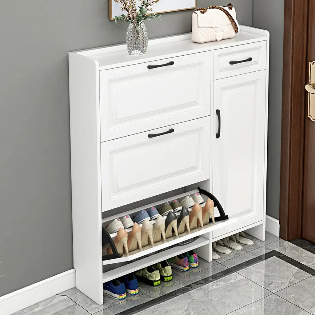 Entryway White Wooden Narrow Shoe Storage Cabinet