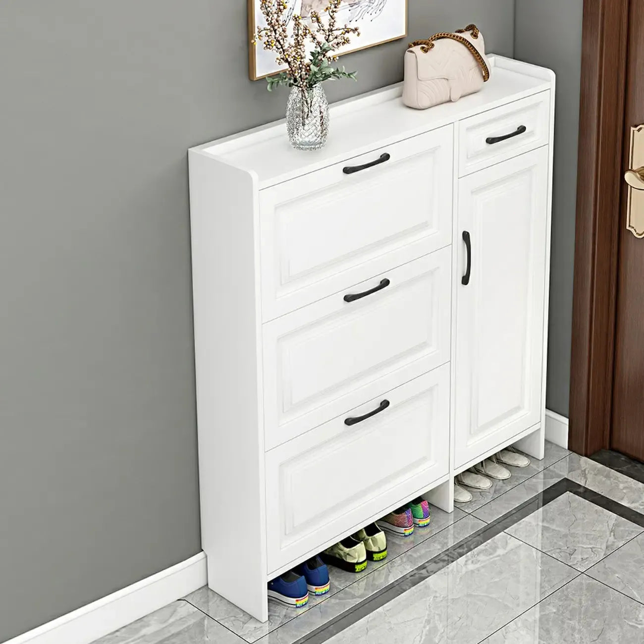Entryway White Wooden Narrow Shoe Storage Cabinet