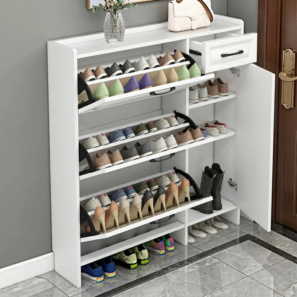 Entryway White Wooden Narrow Shoe Storage Cabinet