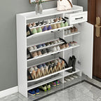 Entryway White Wooden Narrow Shoe Storage Cabinet