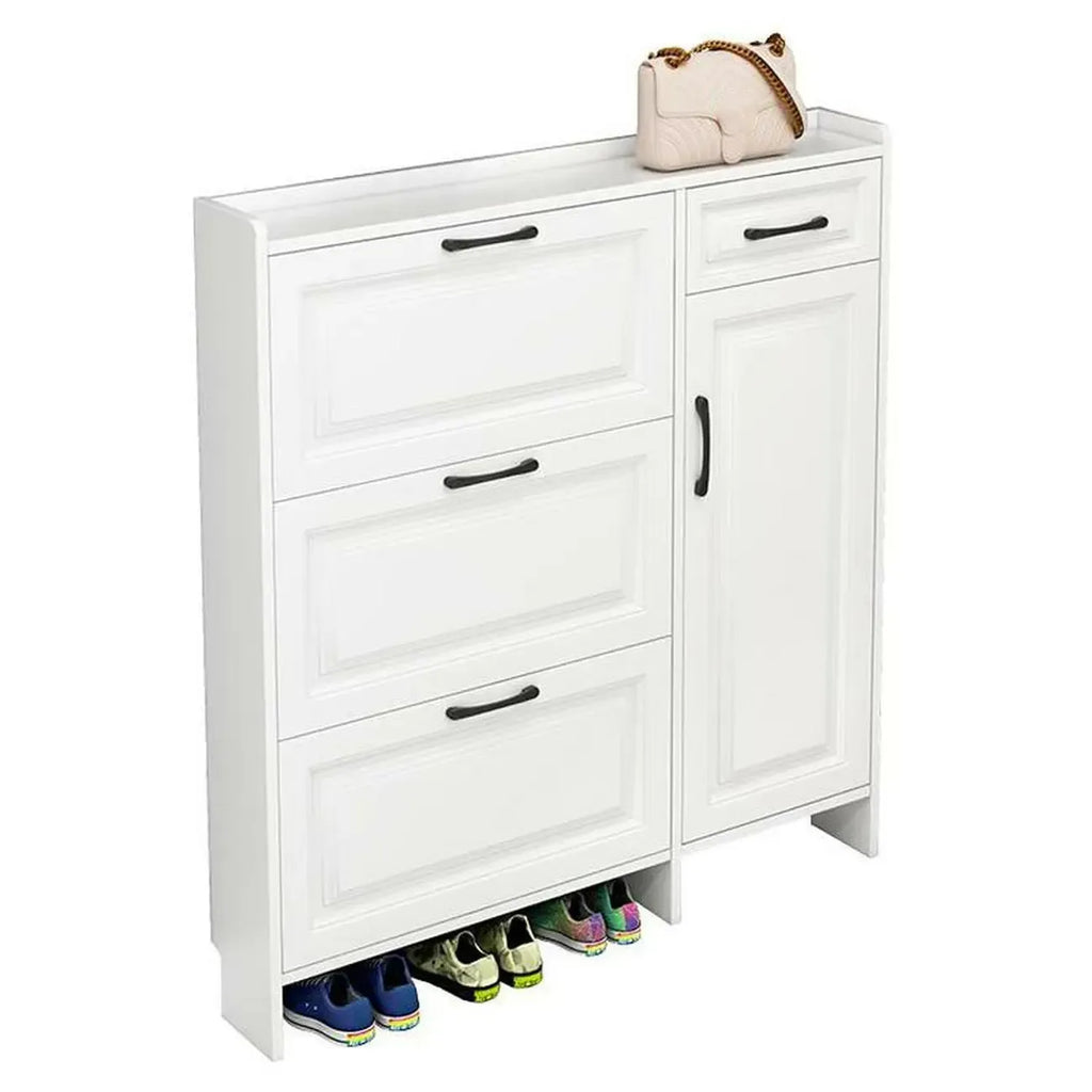 Entryway White Wooden Narrow Shoe Storage Cabinet