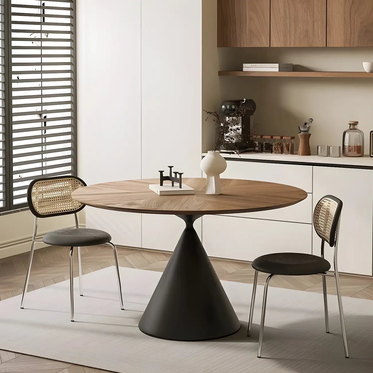 Brown Wood Round Dining Table with Black Metal Pedestal