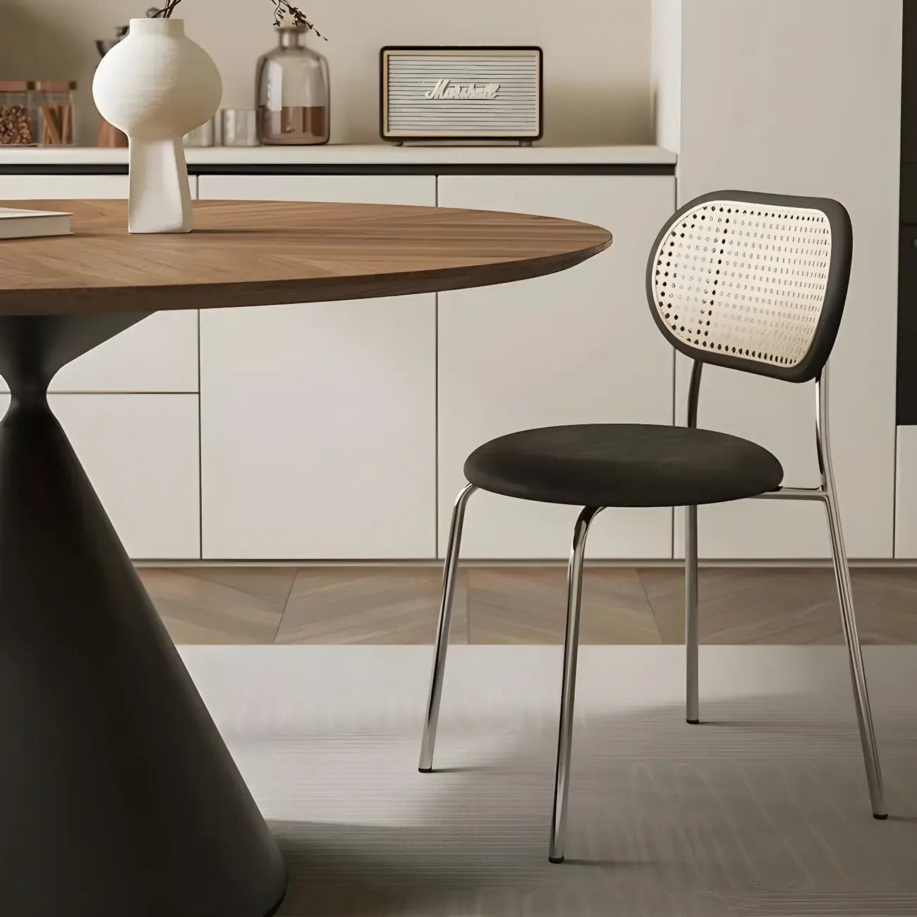 Brown Wood Round Dining Table with Black Metal Pedestal