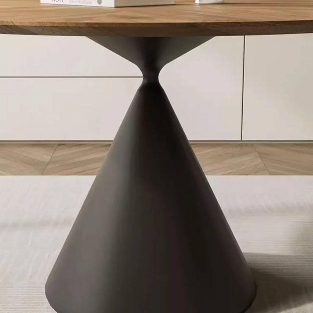 Brown Wood Round Dining Table with Black Metal Pedestal