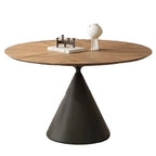 Brown Wood Round Dining Table with Black Metal Pedestal