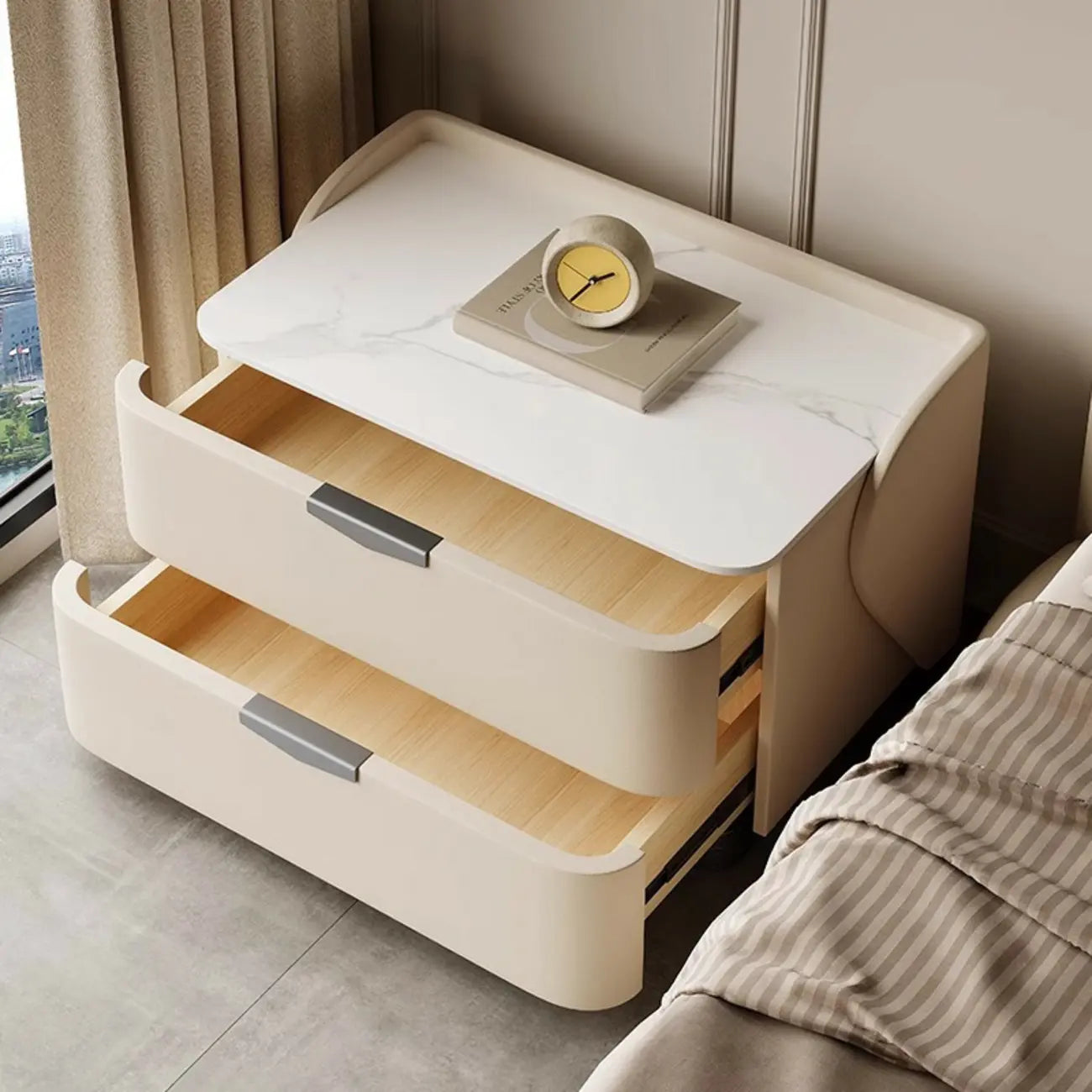 Modern Leather Stone Top Soft-Touch 2-Drawer Nightstand