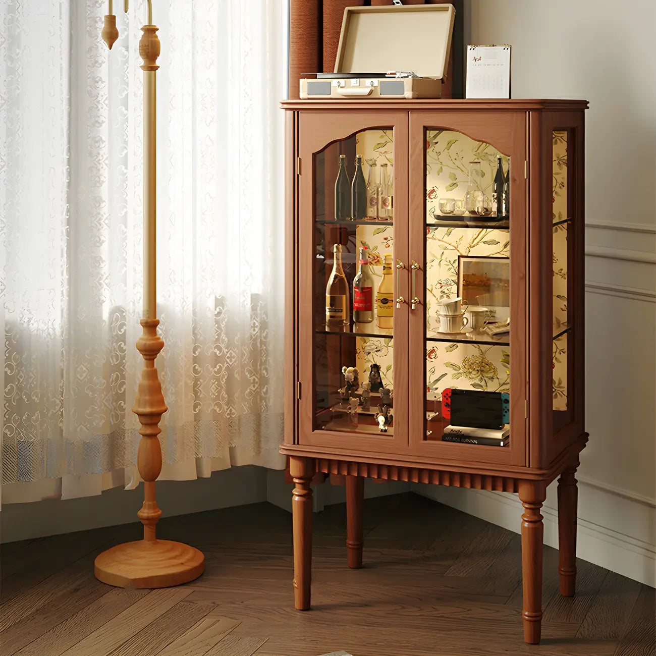 Retro Adjustable Cherry Wood Glass Doo Curio Cabinet