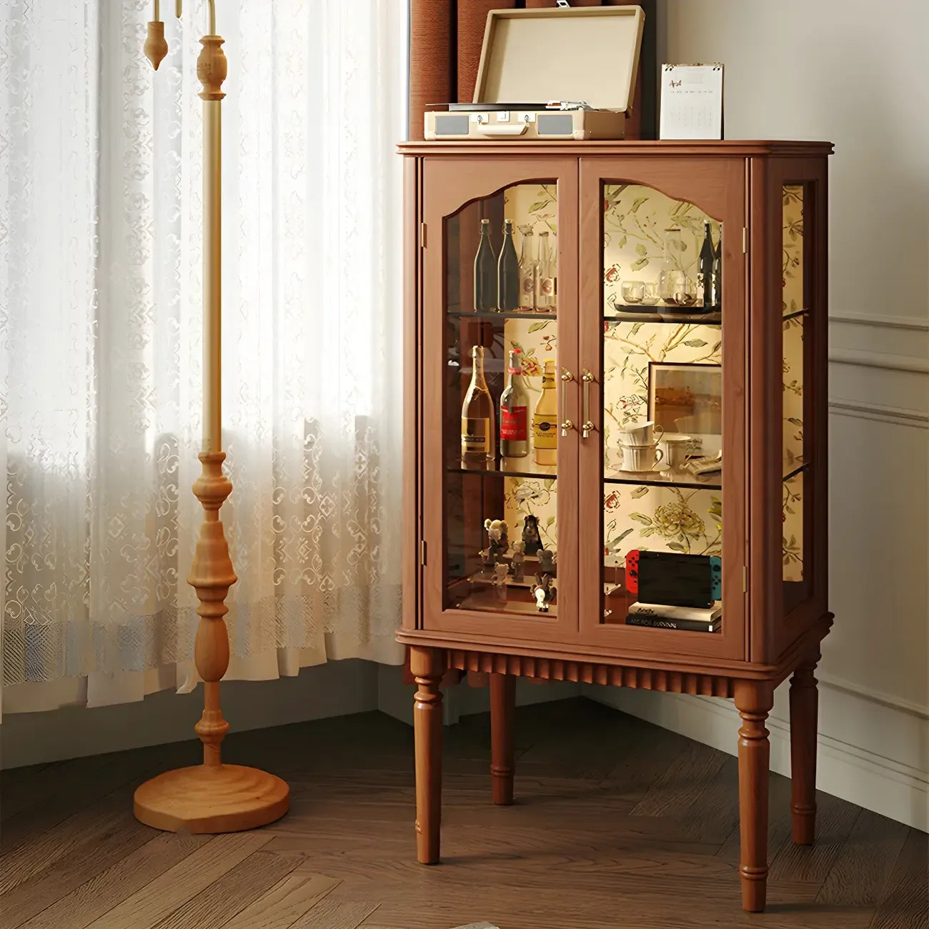 Retro Adjustable Cherry Wood Glass Doo Curio Cabinet