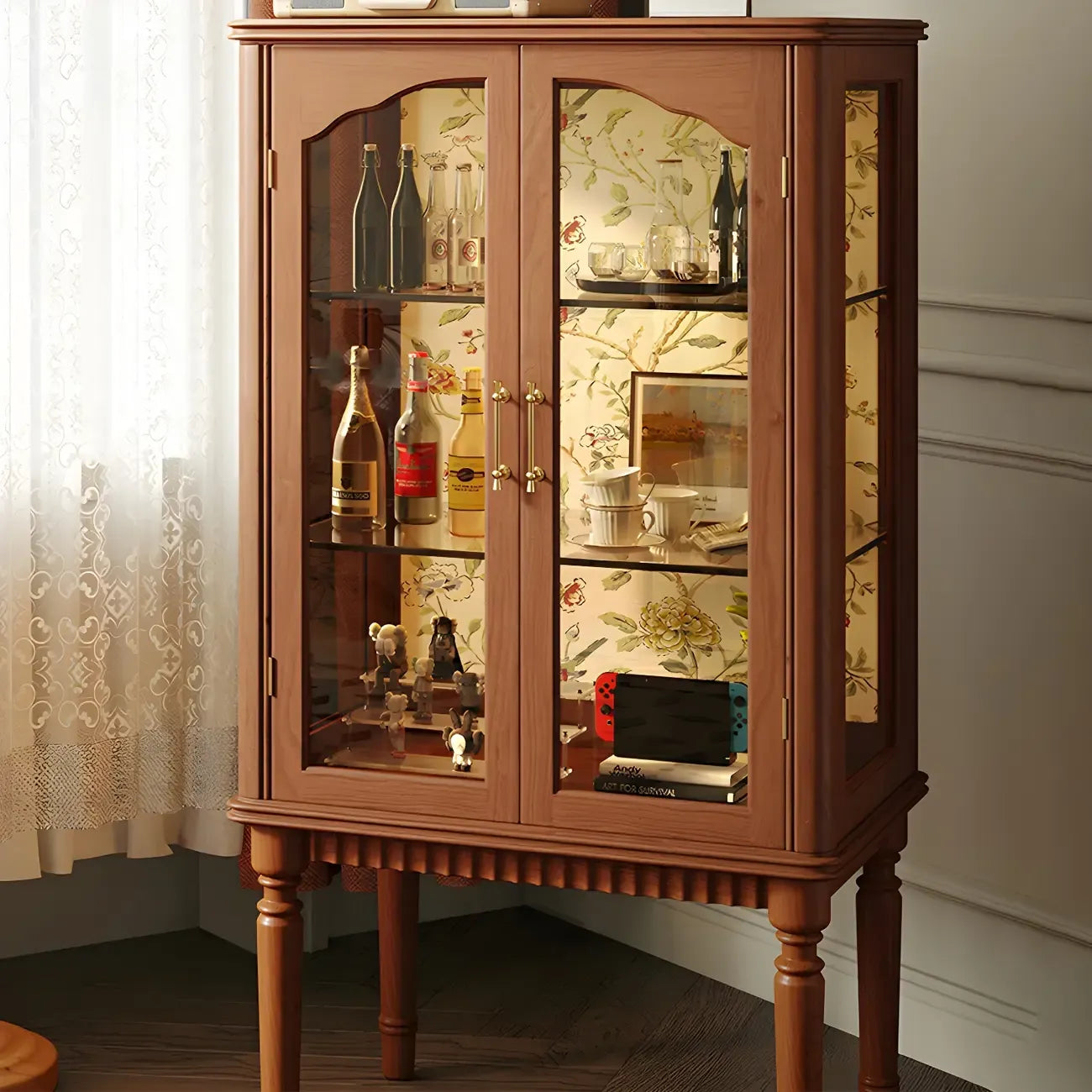 Retro Adjustable Cherry Wood Glass Doo Curio Cabinet