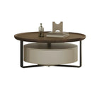 Modern Brown Wood Glass Round Coffee Table with Storage