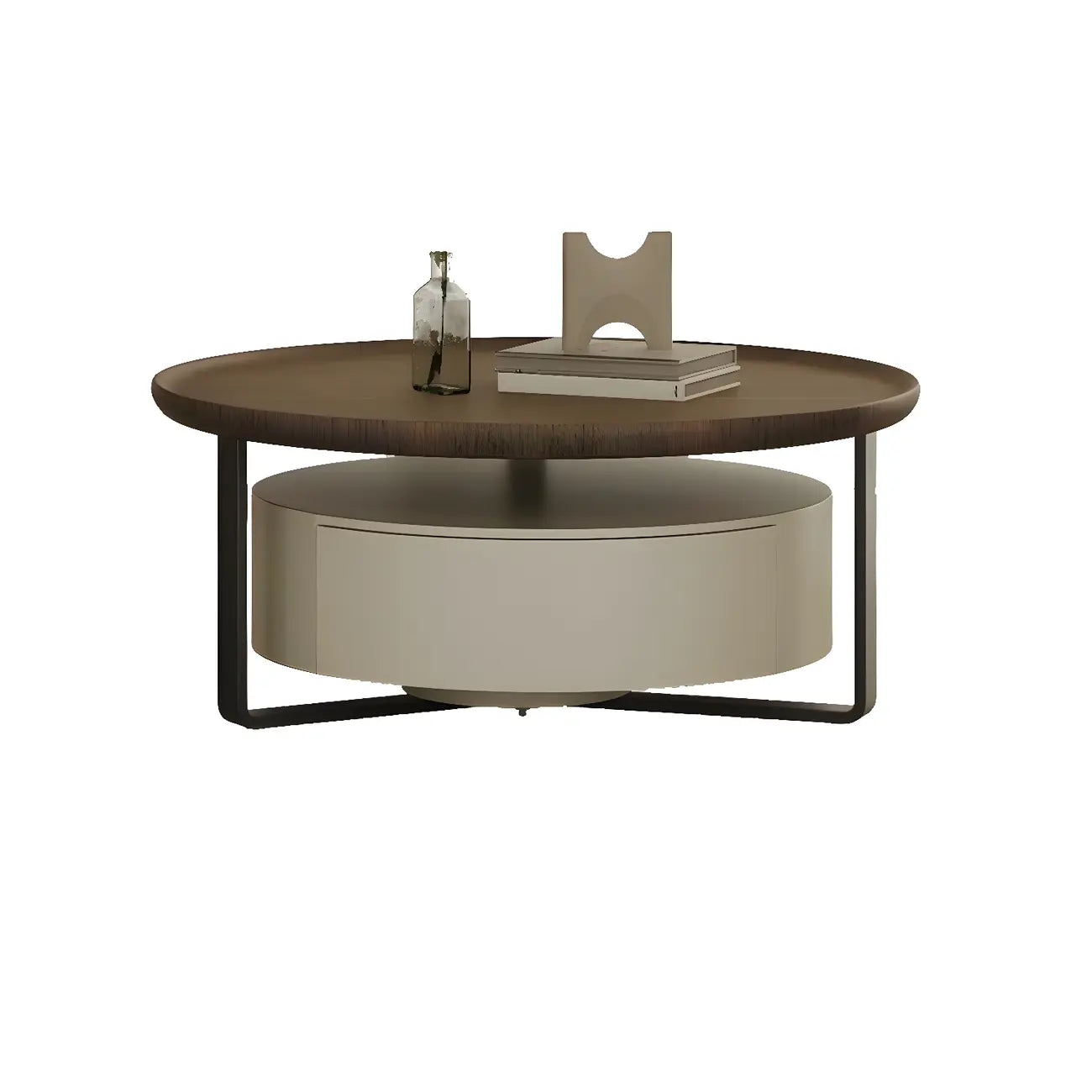 Modern Brown Wood Glass Round Coffee Table with Storage