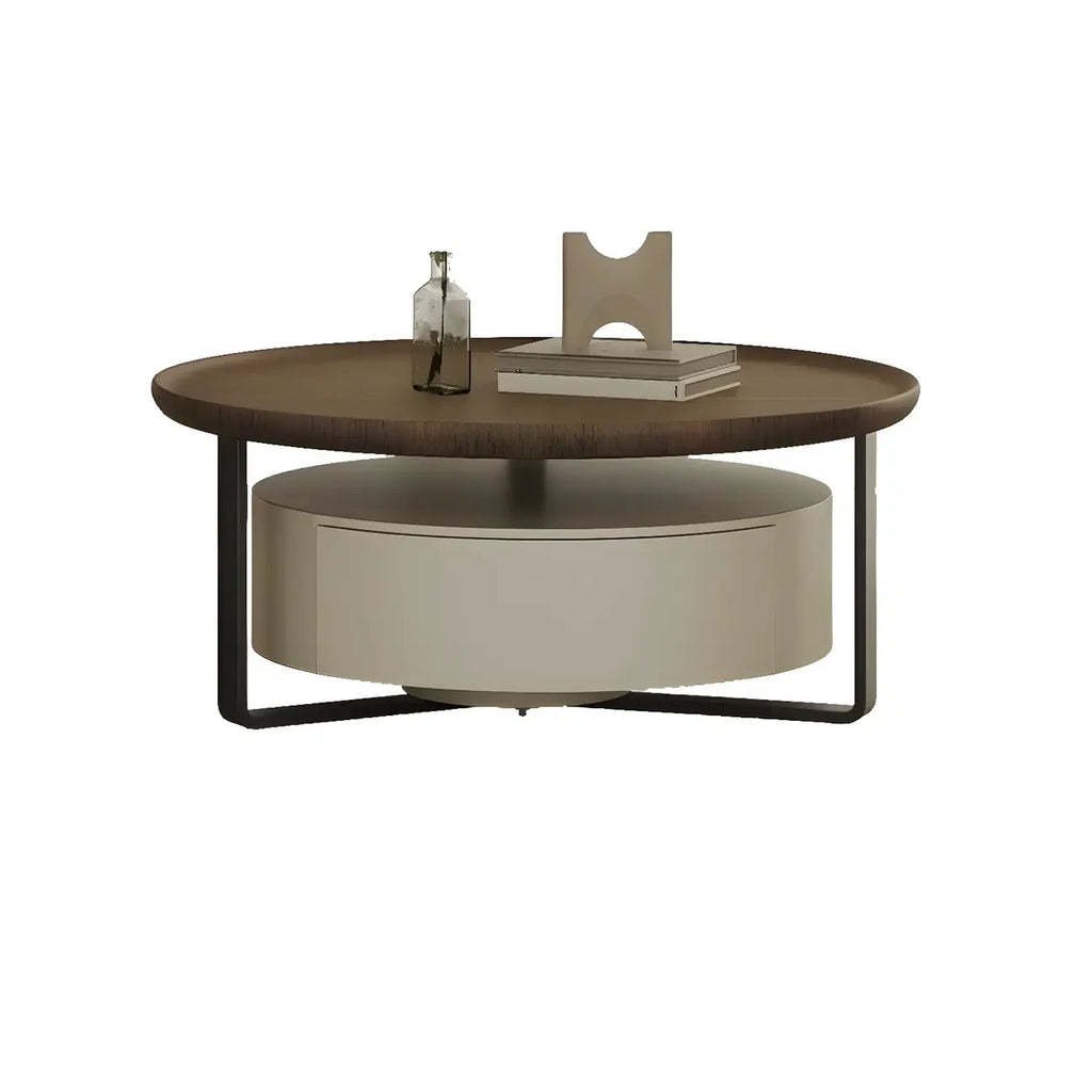 Modern Brown Wood Glass Round Coffee Table with Storage