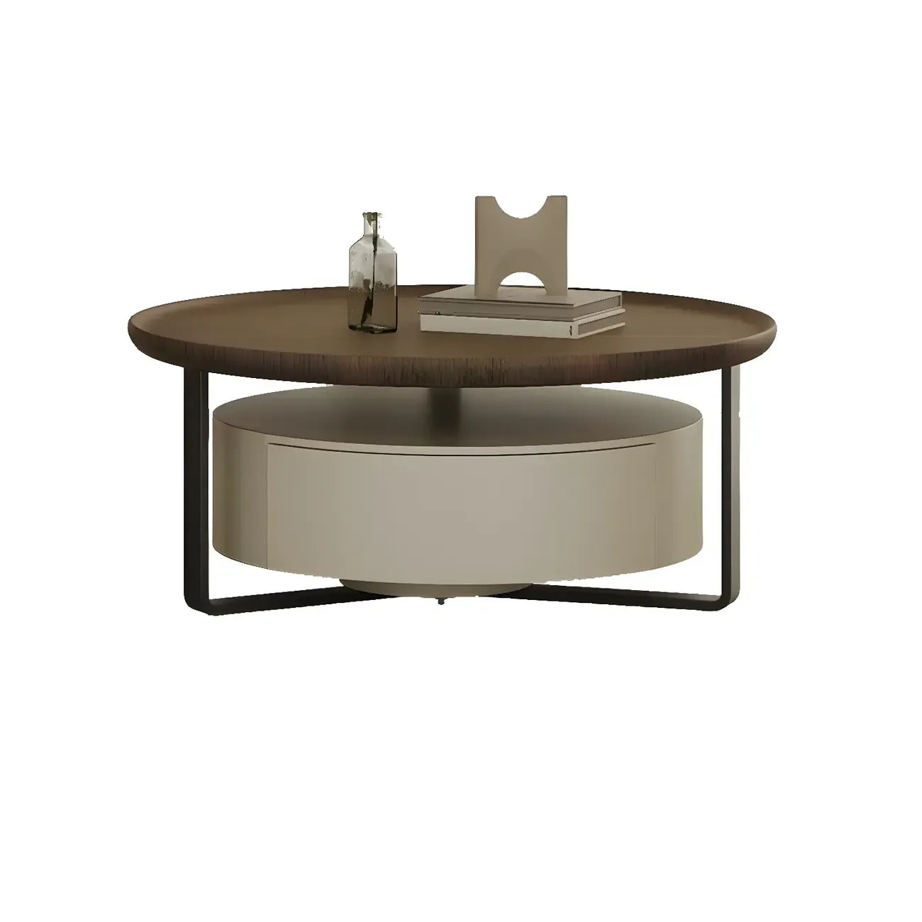 Modern Brown Wood Glass Round Coffee Table with Storage
