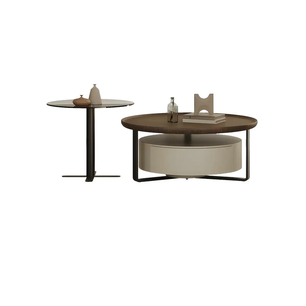 Modern Brown Wood Glass Round Coffee Table with Storage