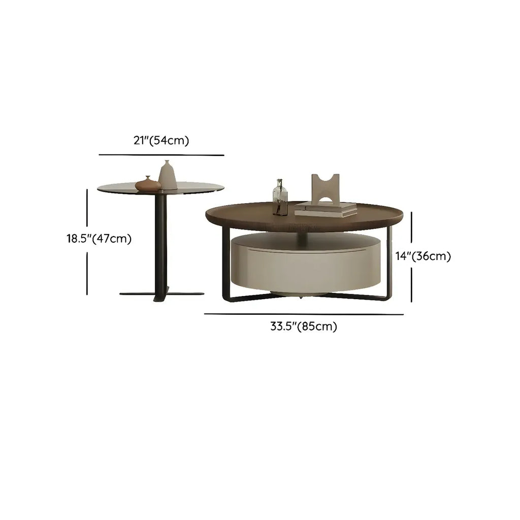 Modern Brown Wood Glass Round Coffee Table with Storage