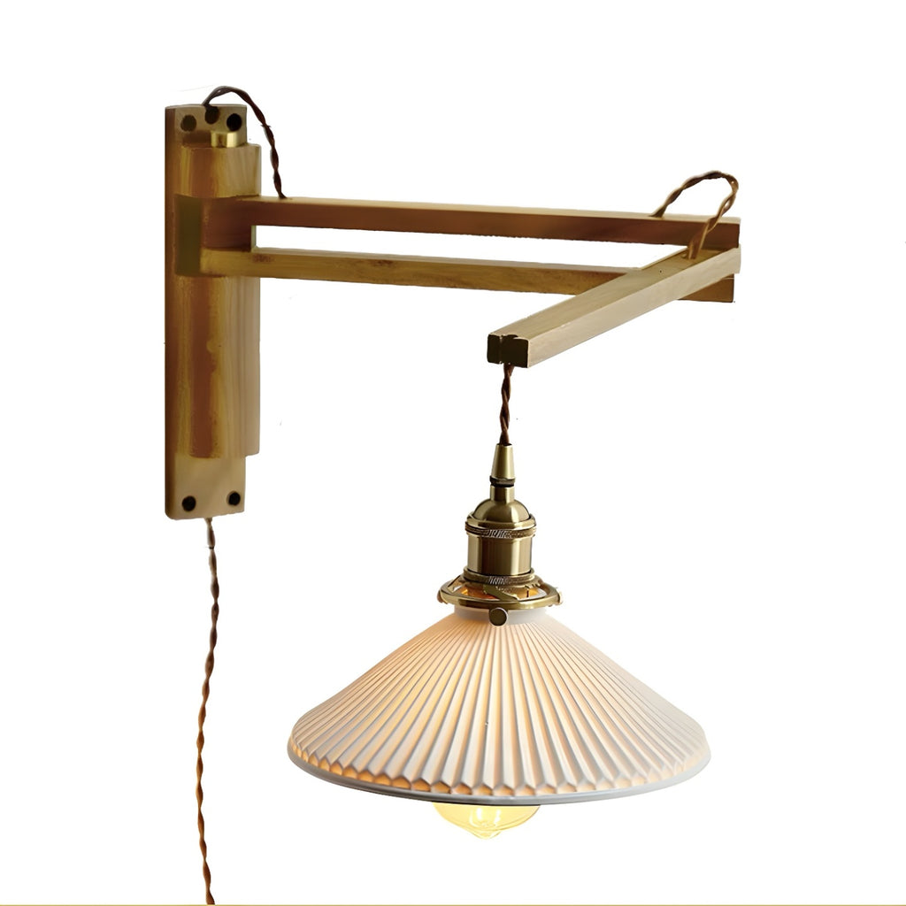 Vintage Wooden Swing Arm Wall Light with Ceramics Shade