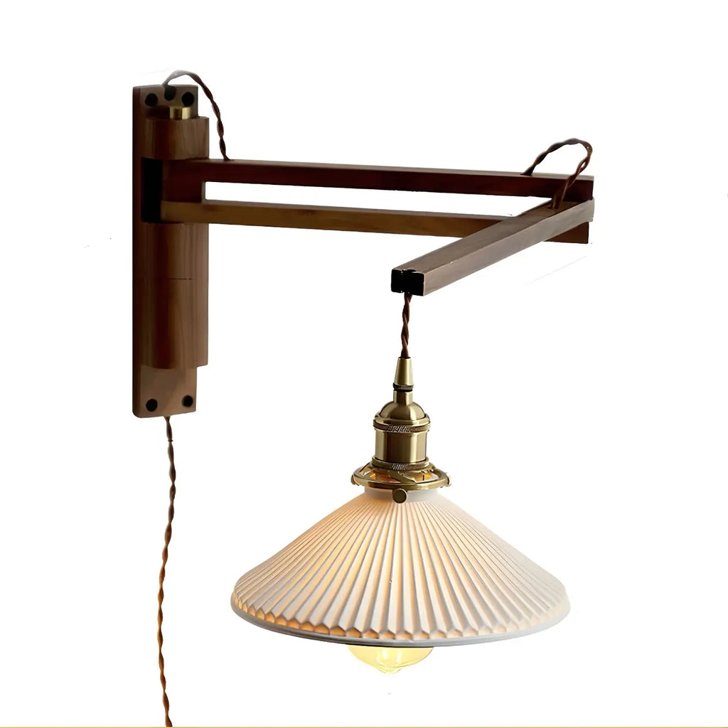 Vintage Wooden Swing Arm Wall Light with Ceramics Shade