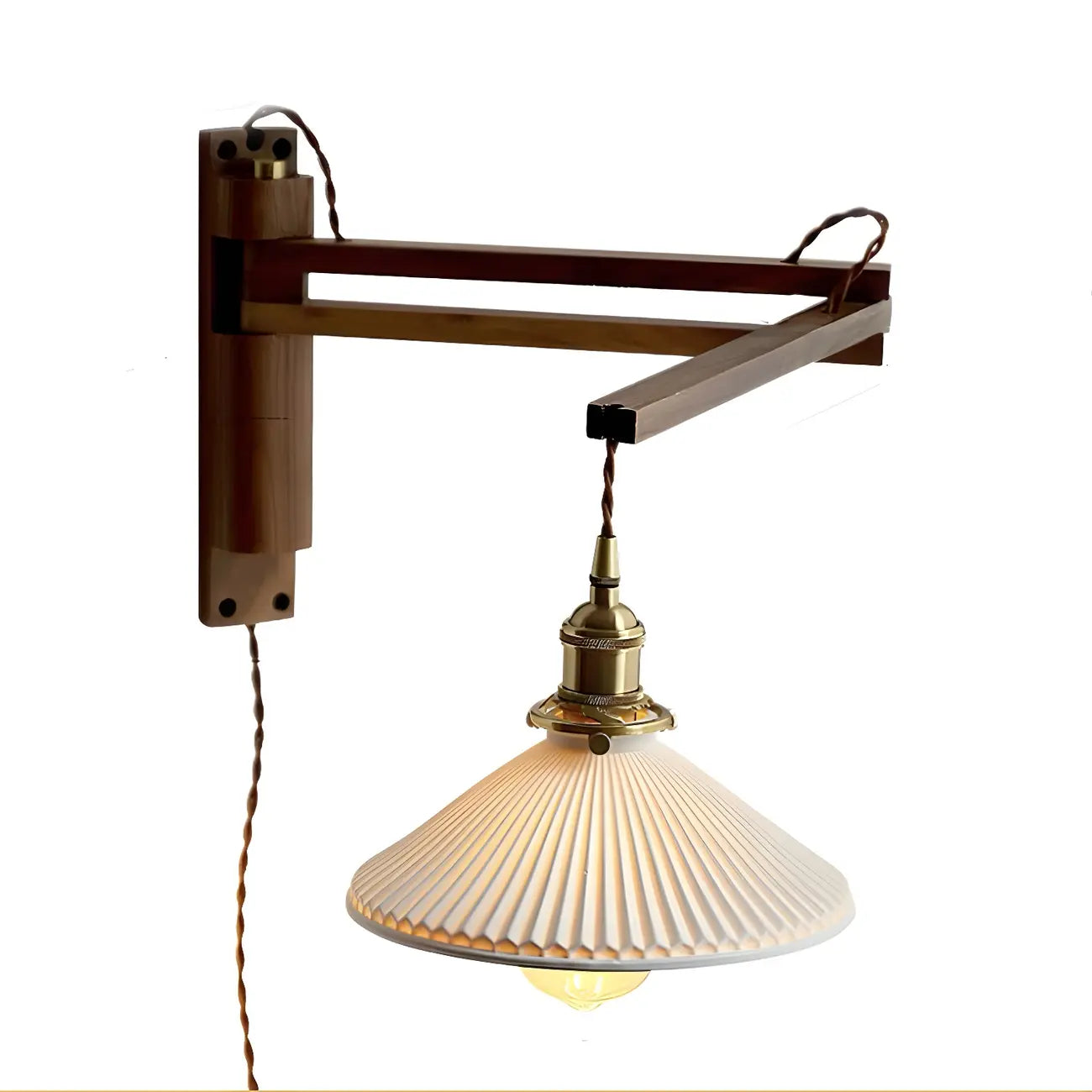 Vintage Wooden Swing Arm Wall Light with Ceramics Shade