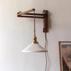 Vintage Wooden Swing Arm Wall Light with Ceramics Shade