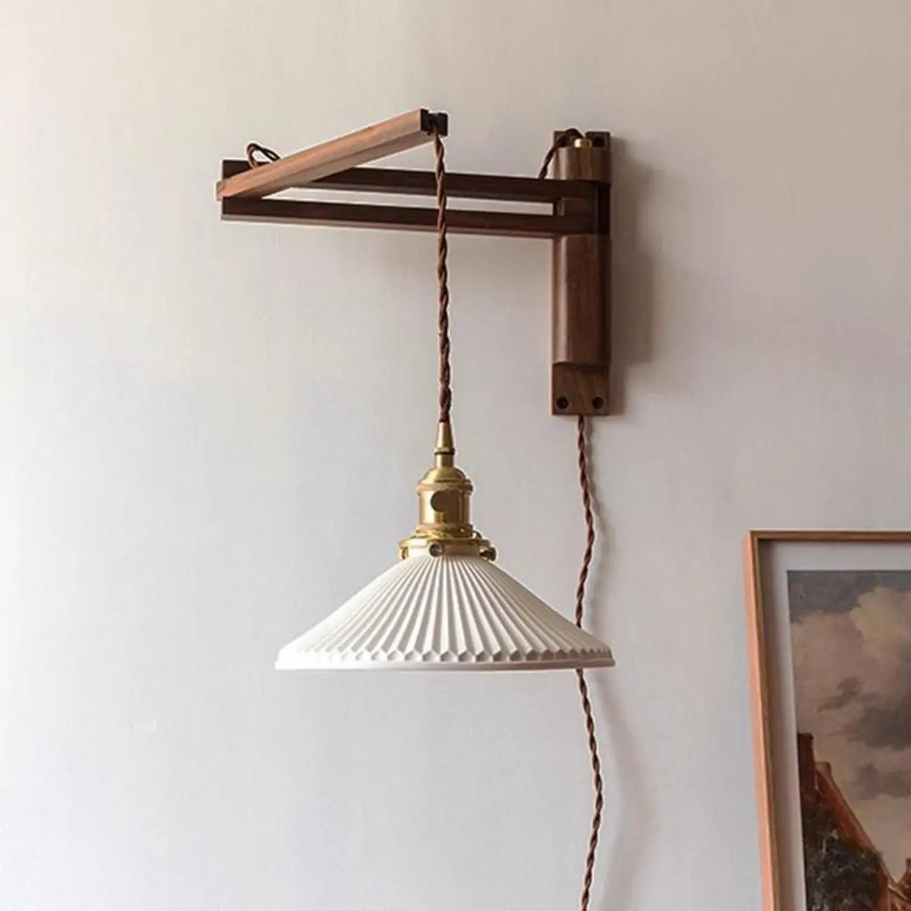 Vintage Wooden Swing Arm Wall Light with Ceramics Shade