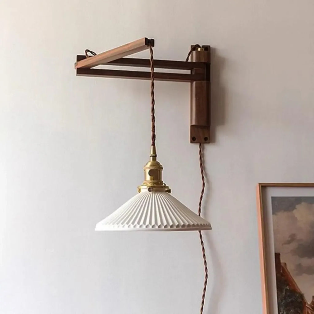 Vintage Wooden Swing Arm Wall Light with Ceramics Shade