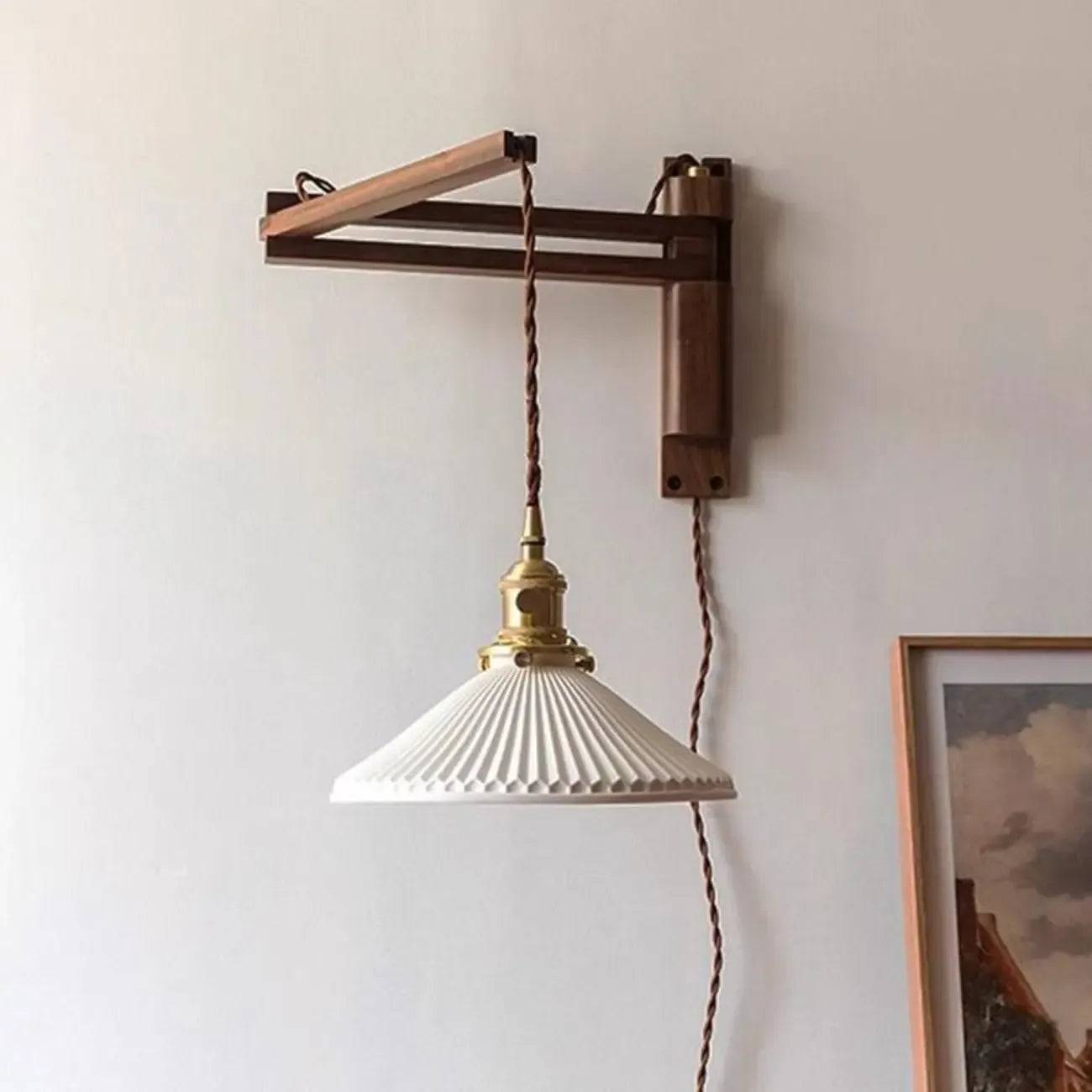 Vintage Wooden Swing Arm Wall Light with Ceramics Shade