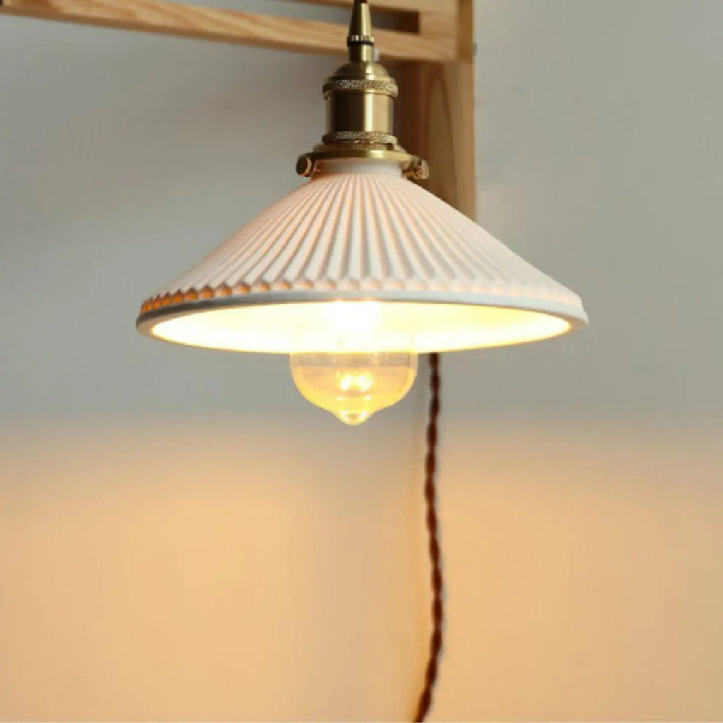 Vintage Wooden Swing Arm Wall Light with Ceramics Shade
