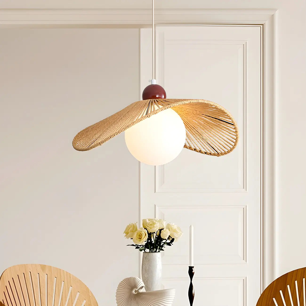 Rattan Curved White Glass Globe Pendant Light
