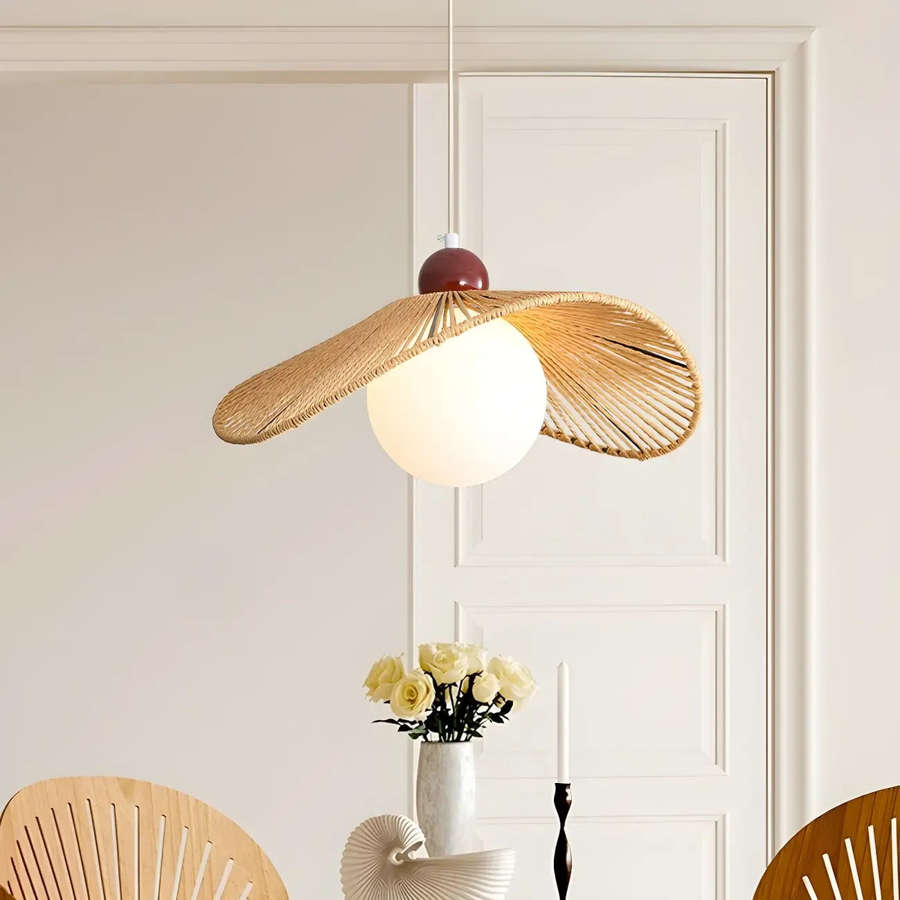 Rattan Curved White Glass Globe Pendant Light