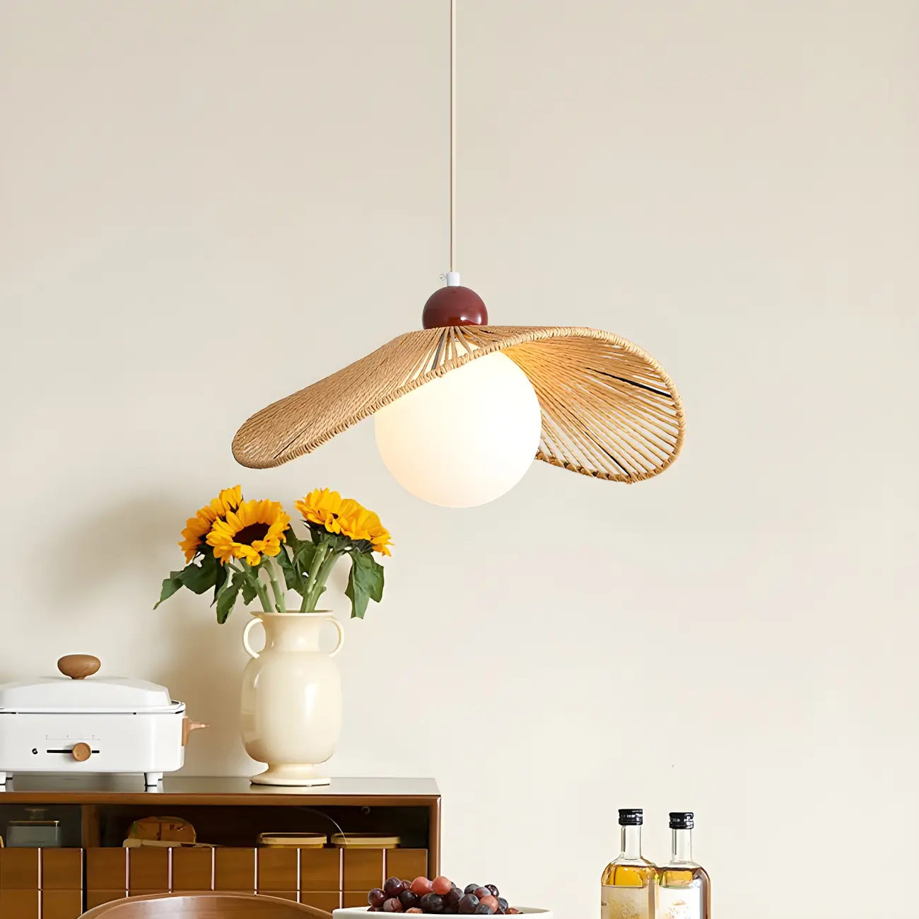 Rattan Curved White Glass Globe Pendant Light