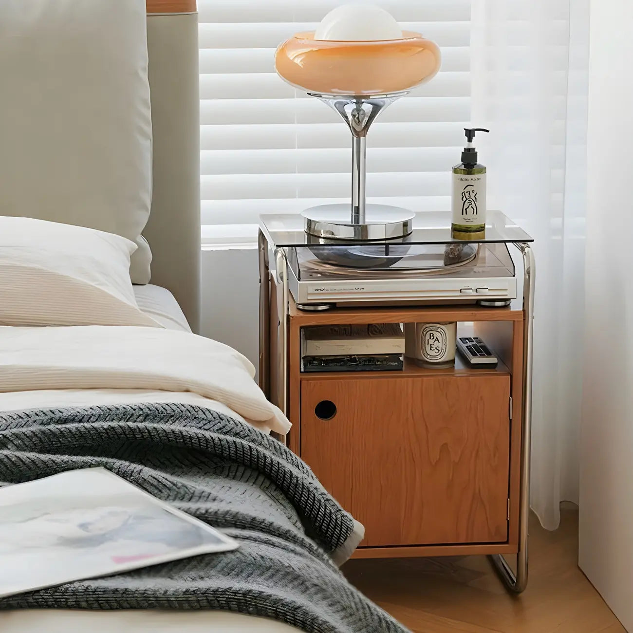 Natural Finish Narrow Glass-Top Light Wood Nightstand