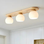 White Globe Glass Natural Wood Flush Mount Ceiling Light