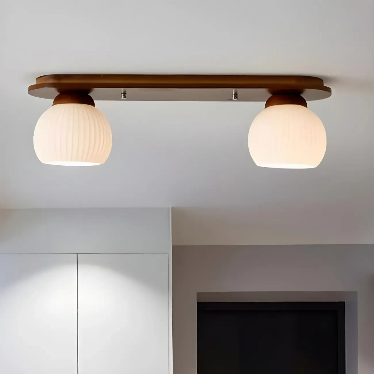 White Globe Glass Natural Wood Flush Mount Ceiling Light
