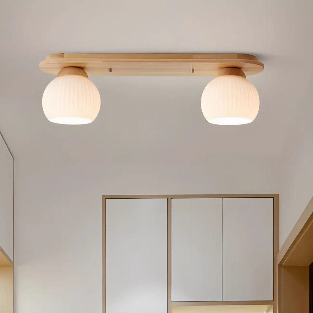 White Globe Glass Natural Wood Flush Mount Ceiling Light