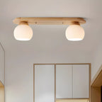 White Globe Glass Natural Wood Flush Mount Ceiling Light