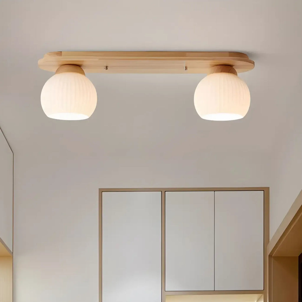 White Globe Glass Natural Wood Flush Mount Ceiling Light