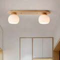 White Globe Glass Natural Wood Flush Mount Ceiling Light