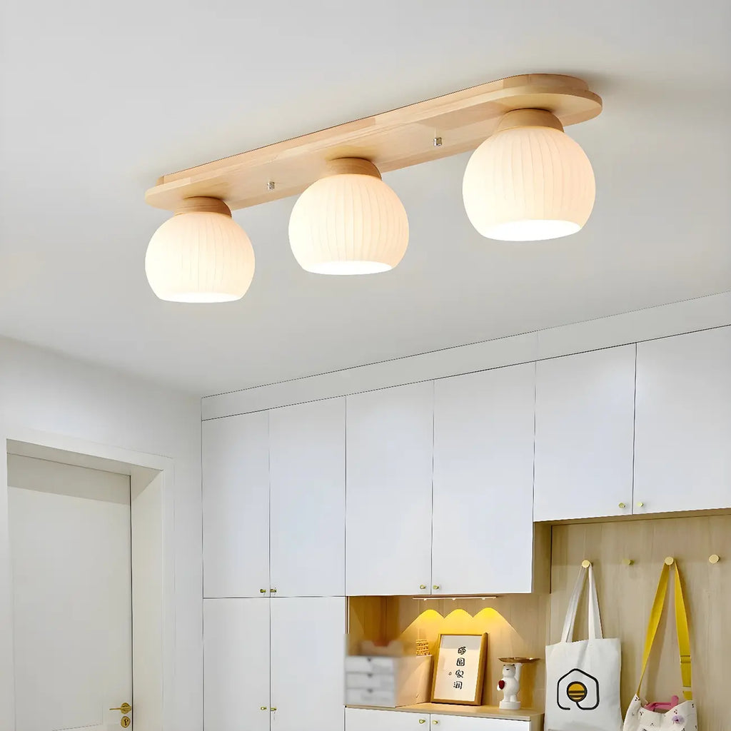 White Globe Glass Natural Wood Flush Mount Ceiling Light
