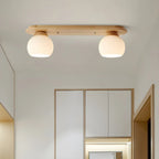 White Globe Glass Natural Wood Flush Mount Ceiling Light