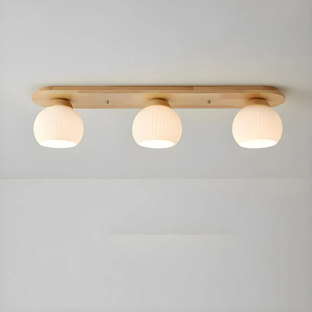 White Globe Glass Natural Wood Flush Mount Ceiling Light