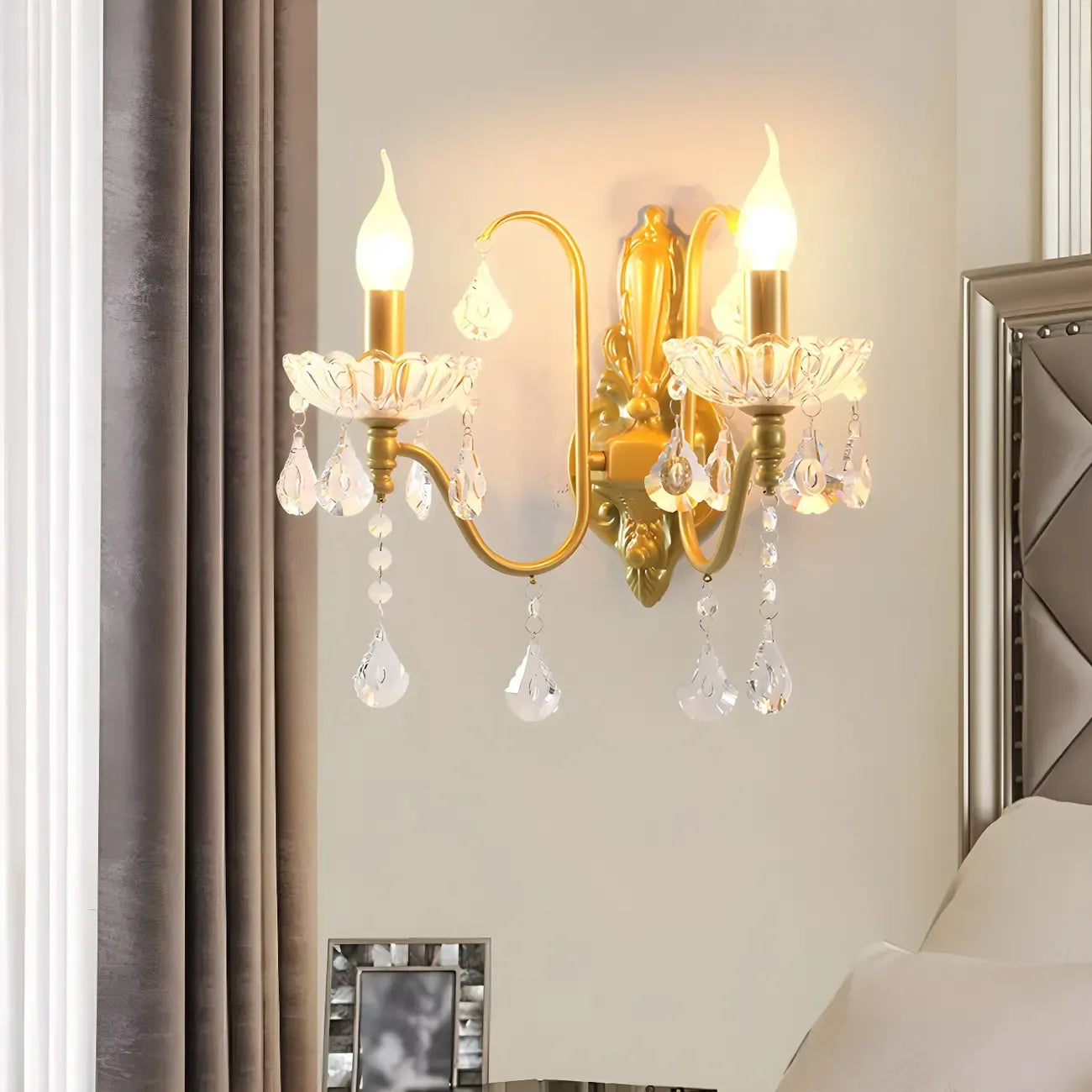 Vintage Crystal Brass Candle Wall Sconce for Bedroom Decor
