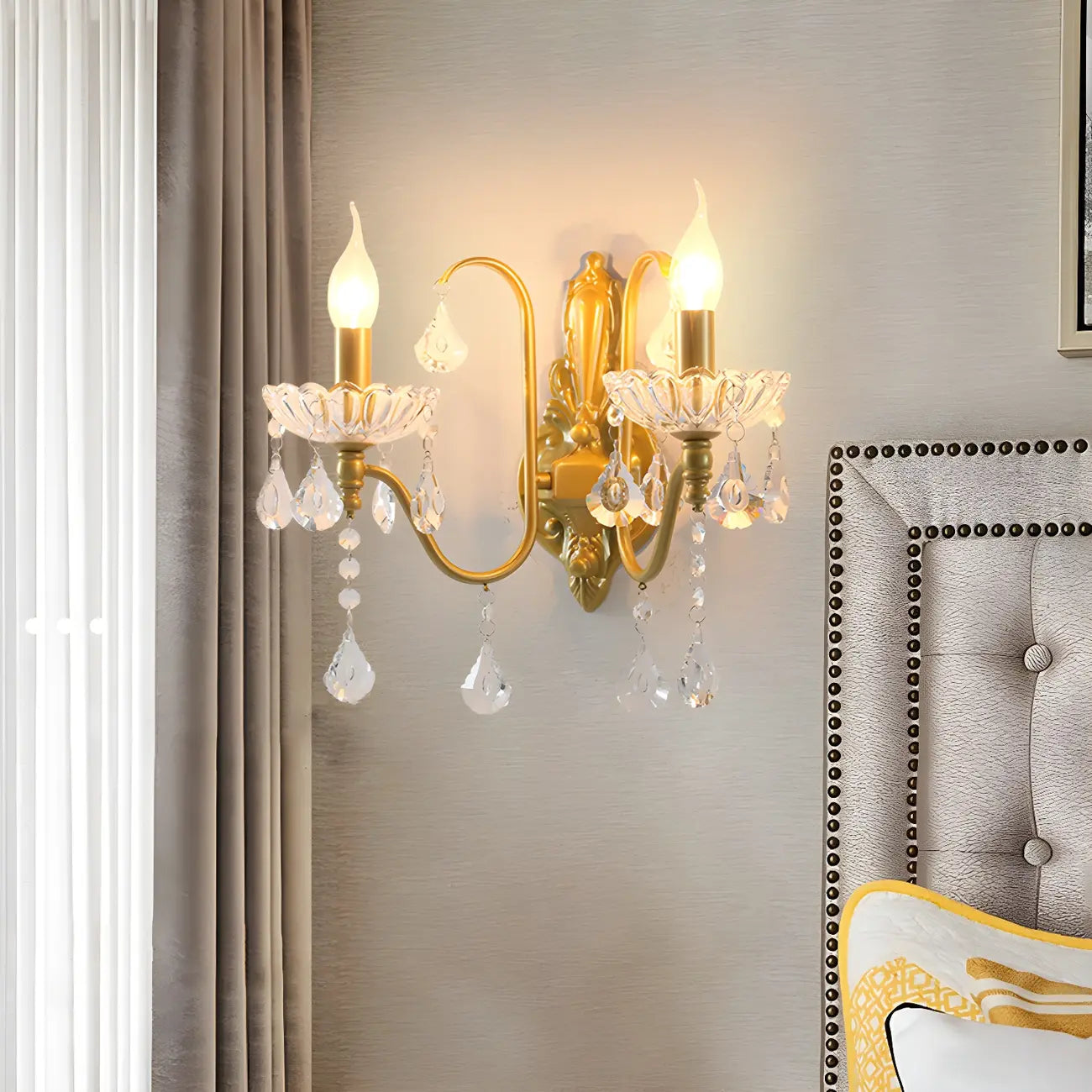 Vintage Crystal Brass Candle Wall Sconce for Bedroom Decor