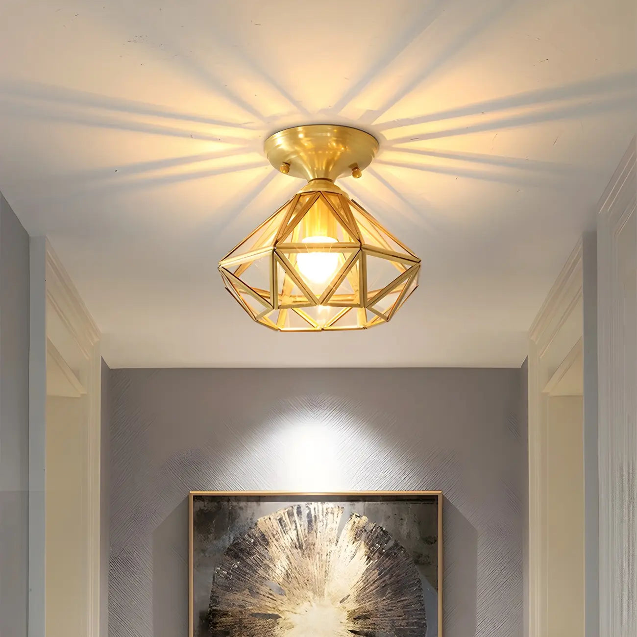 Geometric Gold Semi Flush Ceiling Light for Hallway Lighting
