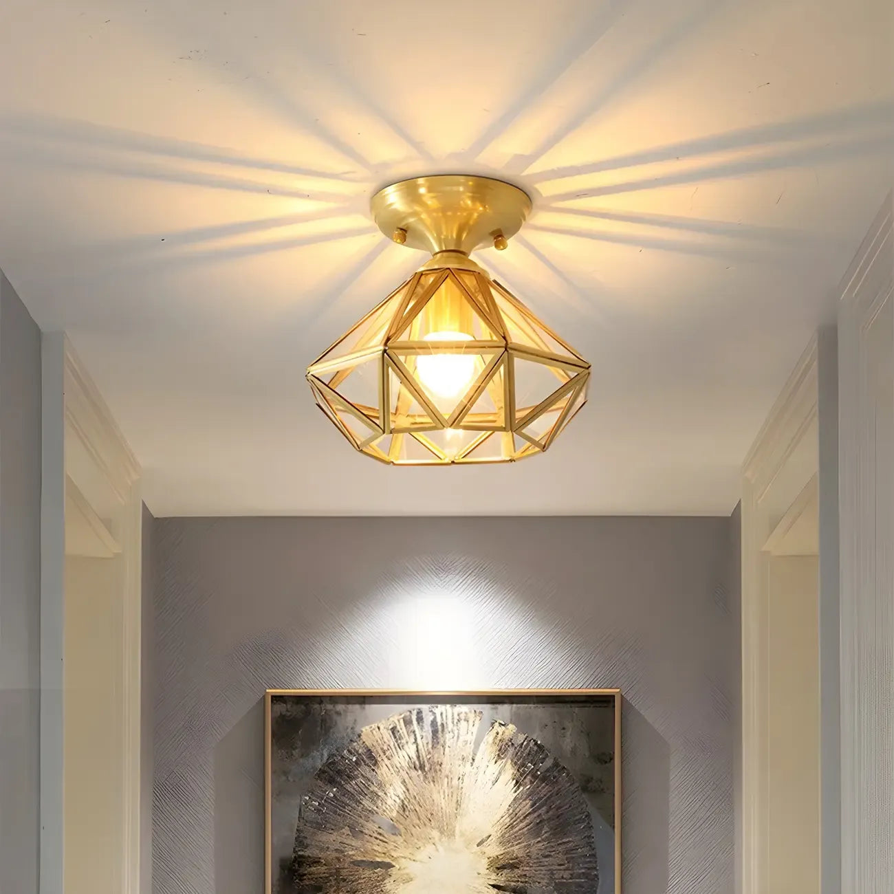 Geometric Gold Semi Flush Ceiling Light for Hallway Lighting