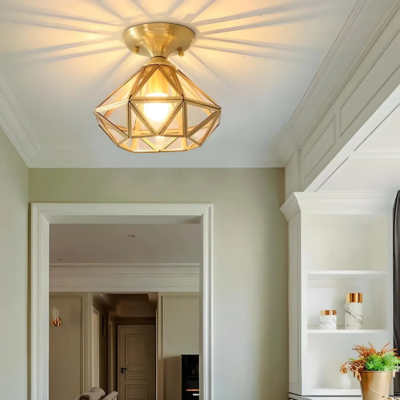 Geometric Gold Semi Flush Ceiling Light for Hallway Lighting
