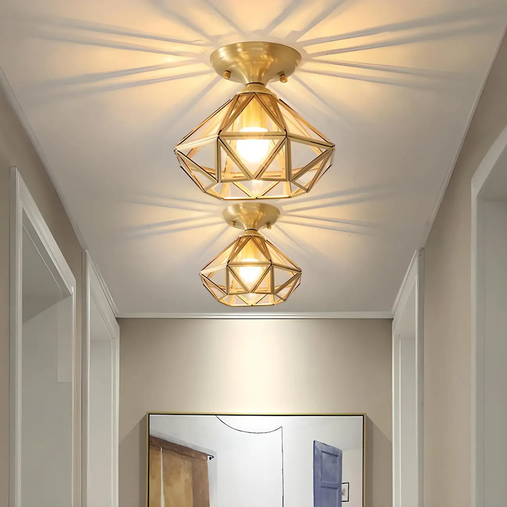 Geometric Gold Semi Flush Ceiling Light for Hallway Lighting