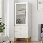 Modern White Glass Wood Storage Cabinet with Gold Metal Base