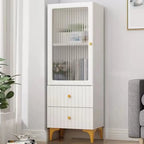 Modern White Glass Wood Storage Cabinet with Gold Metal Base
