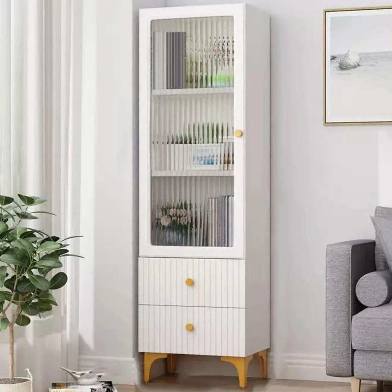 Modern White Glass Wood Storage Cabinet with Gold Metal Base